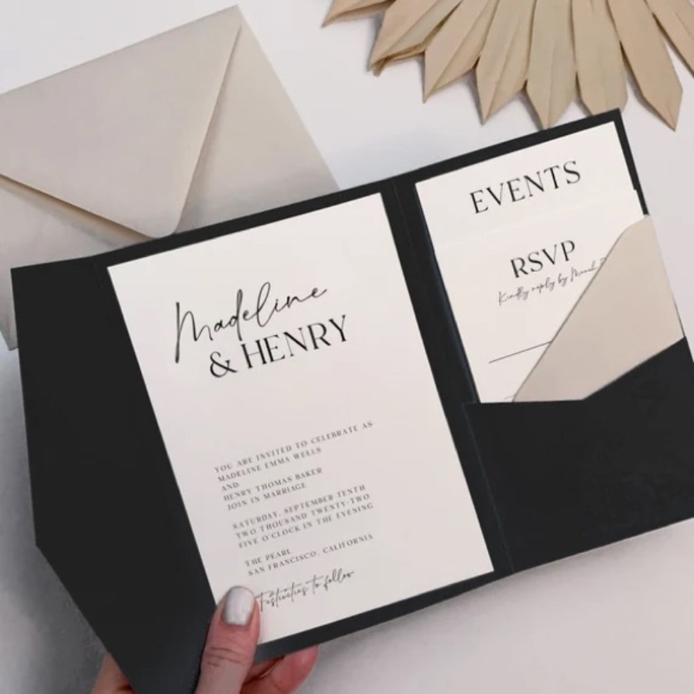 35 Black Pearl Shimmer Luxury Wedding Invitation Pockets